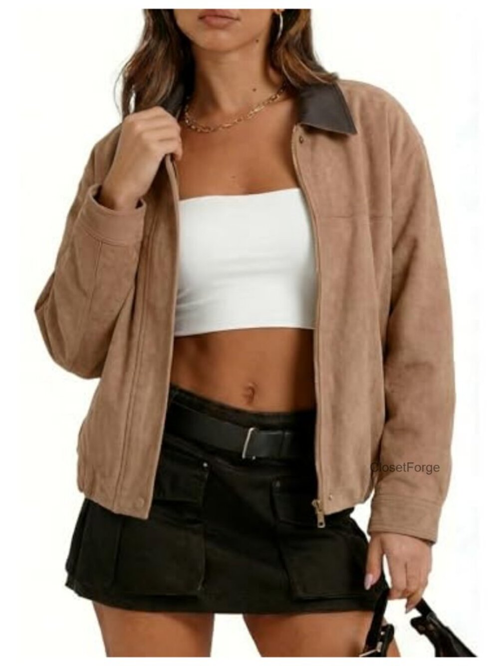 Faux Suede Leather Jacket Lapel Pilot Coat Zip Front Bomber